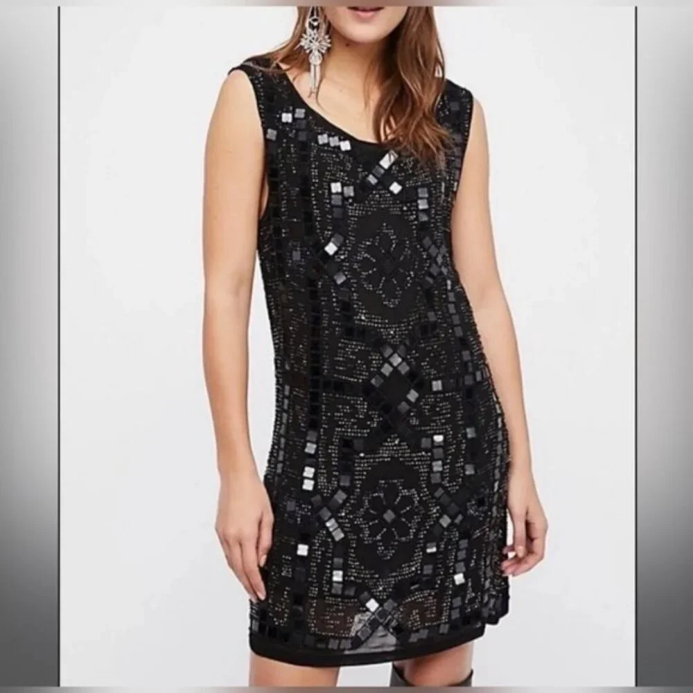 Free People‎ Speak Easy Black Beaded Sequin Mini Dress Size 0